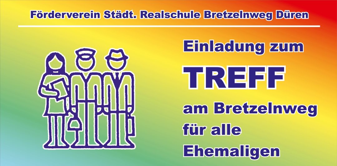 Einladungskarte zum Treffen für Ehemalige mit grafischen Figuren und Text.